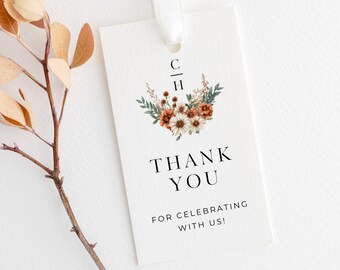 Fall Floral Wedding Favors Tag | Boho Burnt Orange Gift Tag | Rustic Terracotta Thank You Tags | Printable Autumn Template | C3