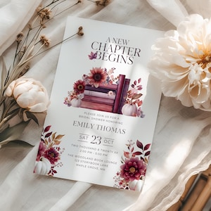 Bridal Shower Invitation Fall Book Theme, A New Chapter Begins Invite, Floral Pumpkin Wedding Card, Autumn Storybook Template, NC2