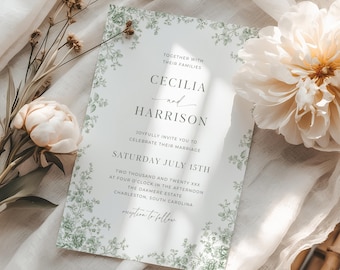 Green Toile Wedding Invitation Template, Sage Chinoiserie Invite, Traditional Floral Wedding Card, Vintage French Floral Toile de Jouy, C4