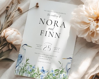 Crane Wedding Invite, Blue Heron Wedding Invitation Template, Editable Coastal Stationary, Printable Wedding Announcement, Instant Download