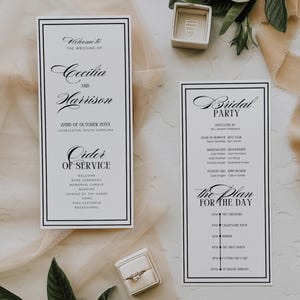 Könnte beinhalten: Elegante Hochzeitspapeterie mit den Namen "Cecilia und Harrison" und "Bridal Party" in Schreibschrift. Die Gottesdienstordnung und der Zeitplan sind auf weißen Karten mit schwarzen Rändern abgebildet. Ein Ring und eine kleine Schachtel sind ebenfalls zu sehen.