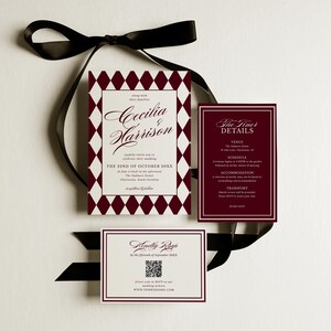 May include: A wedding invitation suite featuring a main invitation card with a burgundy and white diamond pattern, a details card, and a response card. The suite is tied with a black ribbon. The main card displays the names "Cecilia Harrison" and the date.