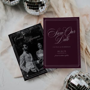May include: Two wedding invitation cards. One card is black and white with a photo of a couple and the names "Cecilia & Harrison". The other card is burgundy with the text "Save Our Date" and the names "Cecilia & Harrison". Two disco balls are in the background.