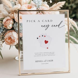 Choisissez une carte n'importe quelle carte signe de livre d'or, modèle de cartes à jouer, veuillez signer notre livre d'or signe de table, signe de réception de mariage modifiable