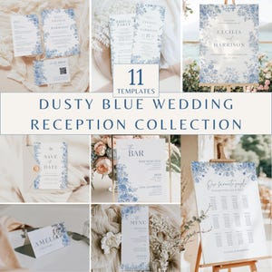 May include: A selection of dusty blue wedding reception stationery templates. The designs include invitations, RSVP cards, menus, bar signs, and seating charts. Each template features floral accents and elegant typography. The text "DUSTY BLUE WEDDING RECEPTION COLLECTION" is displayed.