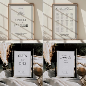 Old money wedding bundle featuring editable printable Canva templates for invitations, signs, programs, menus, table numbers, favor tags, welcome signs, seating charts, RSVP, details card, and thank-you card. Classic vintage-inspired layout with elegant typography in a timeless neutral palette.