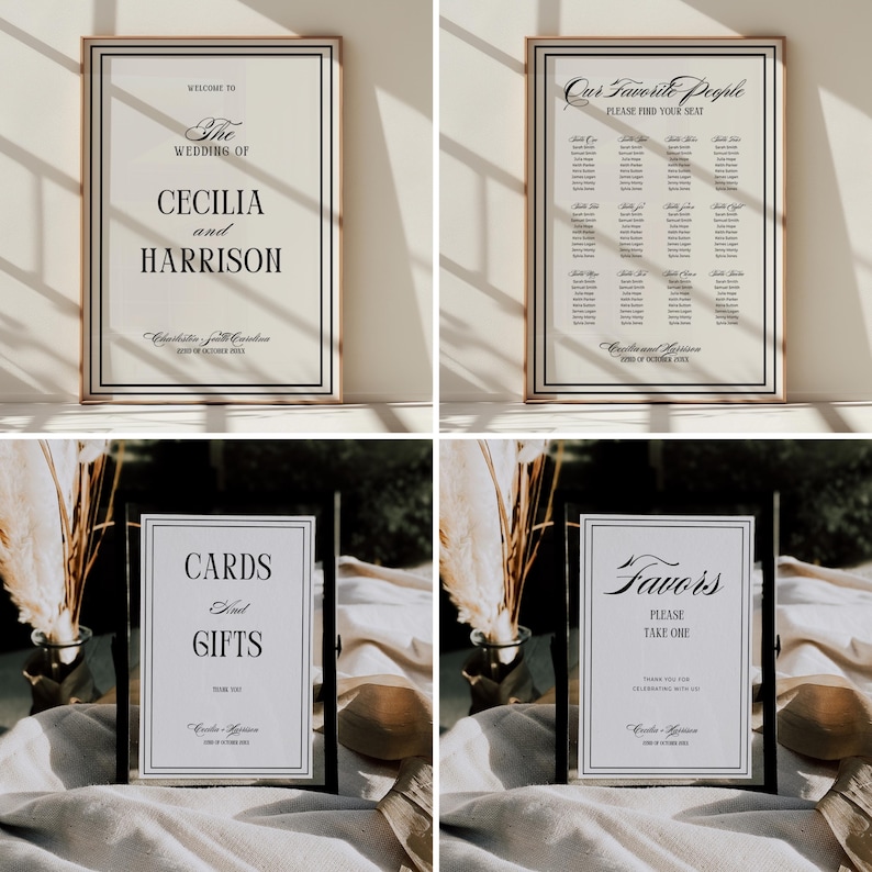 Old money wedding bundle featuring editable printable Canva templates for invitations, signs, programs, menus, table numbers, favor tags, welcome signs, seating charts, RSVP, details card, and thank-you card. Classic vintage-inspired layout with elegant typography in a timeless neutral palette.
