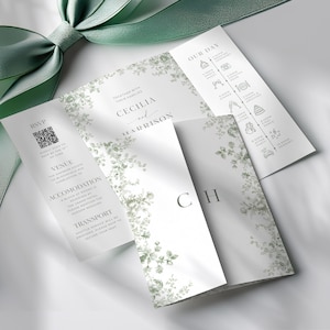 May include: A wedding invitation suite featuring a floral design in green and white. The invitation includes the names "Cecilia and Harrison", RSVP details, venue information, and a wedding day schedule.
