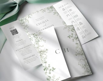 Green Toile Gatefold Invitation Template | Sage Toile de Jouy Gatefold Wedding Invite | Floral Chinoiserie Trifold Wedding Card | C4