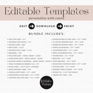 May include: A digital template design with the text "Editable Templates" and "personalize with canva." The image lists various wedding stationery templates, including invitations, RSVP cards, and signs, with dimensions in inches.