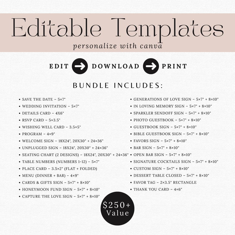 May include: A digital template design with the text "Editable Templates" and "personalize with canva." The image lists various wedding stationery templates, including invitations, RSVP cards, and signs, with dimensions in inches.