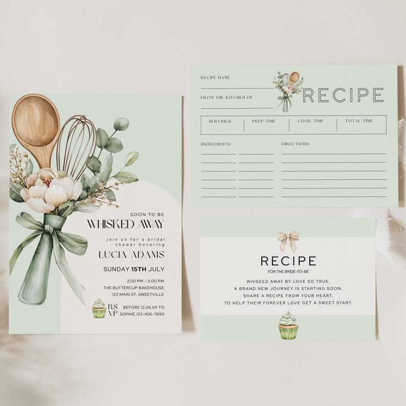 Peut inclure: Ensemble de trois cartes de recettes et une invitation vert clair. L'invitation indique "Whisked Away" avec les d&eacute;tails d'une f&ecirc;te pr&eacute;nuptiale. Les cartes de recettes pr&eacute;sentent un design floral avec une cuill&egrave;re en bois et un fouet.