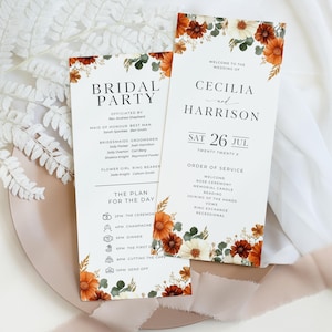 May include: Two wedding ceremony programs with floral accents. The programs feature the text "Bridal Party" and "Welcome to the Wedding of Cecilia and Harrison." The programs include the order of service and the plan for the day.