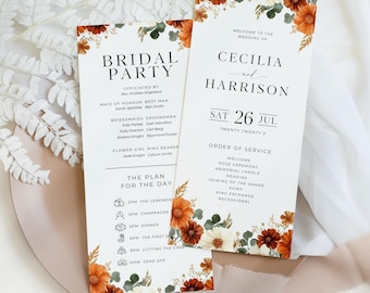 Höstblommigt bröllopsprogram | Boho höstkort för tjänstgöringsorden | Terrakotta-ceremoniprogram | Utskrivbar bränd orange canvasmall | C3
