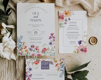 Wildblumen-Hochzeitseinladungspaket, Frühlingsblumen-Einladungsset, bearbeitbare Vorlage, druckbare Antwortkarten für Hochzeiten, Boho-Detailskarte, WC01