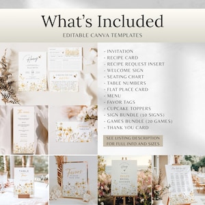 May include: A collection of editable Canva templates for a wedding or bridal shower. The templates include invitations, recipe cards, welcome signs, seating charts, table numbers, menus, favor tags, cupcake toppers, and more. The design features floral and bee accents.