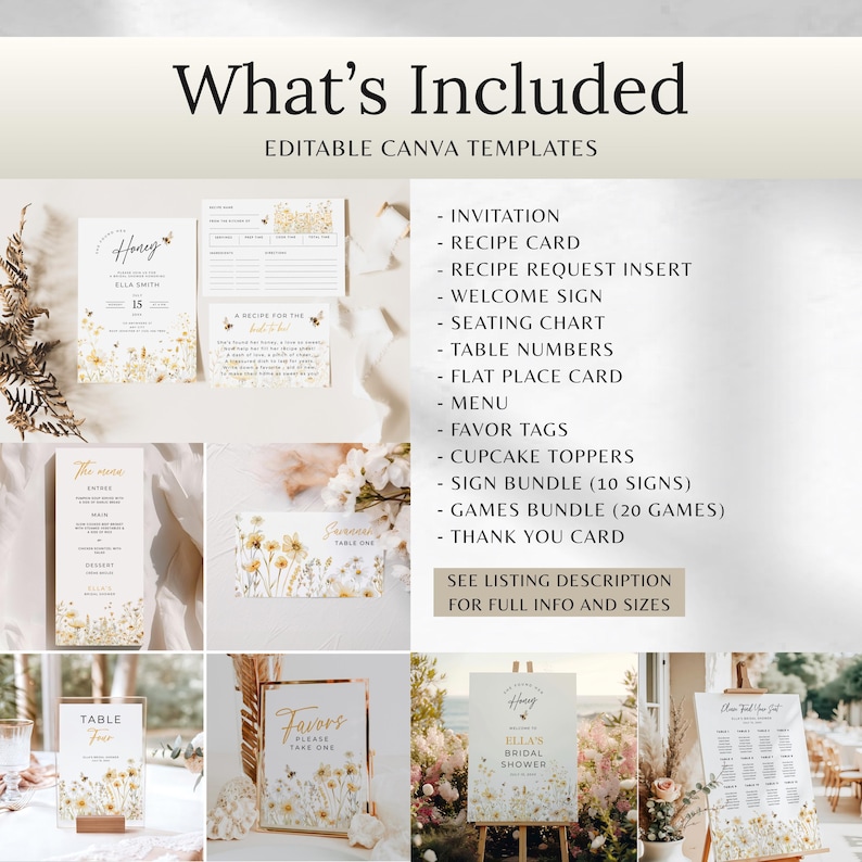 May include: A collection of editable Canva templates for a wedding or bridal shower. The templates include invitations, recipe cards, welcome signs, seating charts, table numbers, menus, favor tags, cupcake toppers, and more. The design features floral and bee accents.