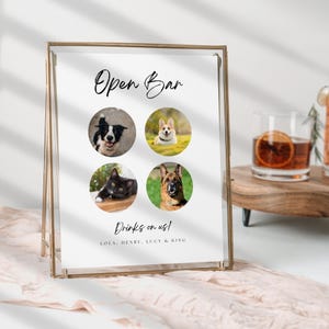 Open bar met bord huisdieren, bord huisdierfoto drankje voor bruiloft, minimalistisch hondenfoto barmenu, afdrukbaar bord receptie, bewerkbare drankjes bij ons
