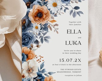 Brännorange, dammblå bröllopsinbjudan, mall för terrakottablommig inbjudan, utskrivbar bohemisk höstinbjudan, höstblommiga inbjudningar, E02