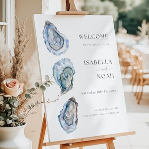 Oyster Wedding Welcome Sign, Coastal Beach Wedding Poster, Watercolor Oyster Shell Decor, Modern Editable Wedding Template, IS2