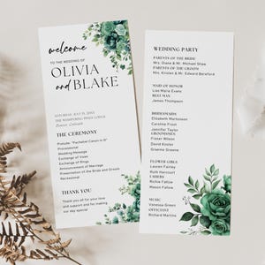 May include: Wedding program featuring the names Olivia and Blake, with a teal floral design. The program includes the ceremony details, wedding party, and a thank you message. The text is in a classic serif font.
