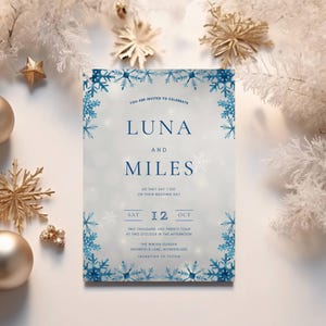 Fairytale Snowflake Wedding Invitation Template, Blue & Silver Winter Wonderland, Christmas Editable Snowflakes Invite, Instant Download DIY
