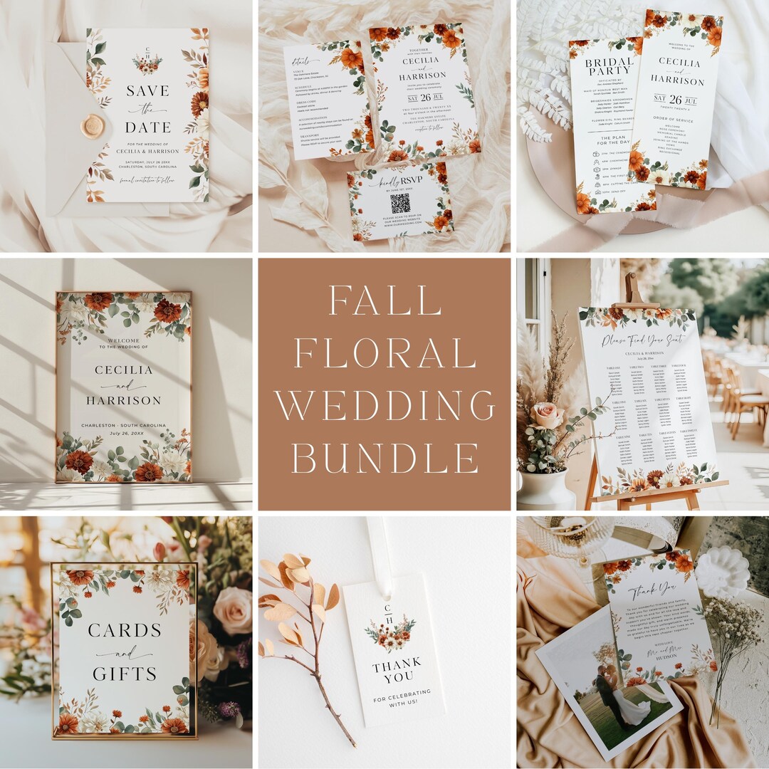 Fall Floral Wedding Bundle | Burnt Orange Invitation Set | Boho ...