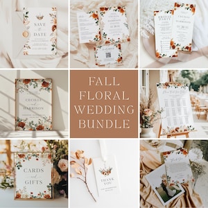 May include: A selection of autumn-themed wedding stationery. Includes a save-the-date card, invitation, RSVP card, bridal party itinerary, welcome sign, seating chart, cards and gifts sign, thank you tag, and thank you card. Floral designs in orange and green.