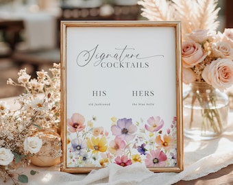 Signature Cocktails Wedding Sign, Editable His and Hers Drink Menu, Wildflower Bar Sign, Floral Wedding Decor, Printable Canva Template, C8