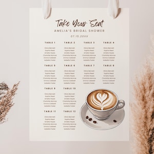 Tableau des sièges pour la douche nuptiale Love is Brewing, affiche modifiable sur le thème du café, modèle de siège imprimable pour les amateurs de café, téléchargement immédiat, LIB01