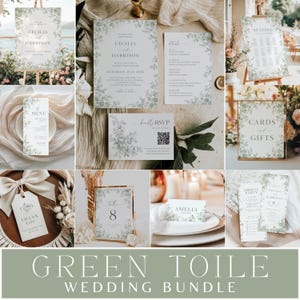 May include: A collection of wedding stationery with a green floral design. The set includes invitations, RSVP cards, menus, table numbers, place cards, and signage for seating, cards, and gifts. The text "Cecilia and Harrison" is featured on several items. The words "Green Toile Wedding Bundle" are at the bottom.