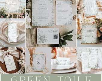 May include: A wedding stationery bundle featuring white paper with green botanical illustrations. Includes invitations, RSVP cards with QR codes, menus, seating charts, table numbers, place cards, and thank you tags with elegant serif typography.