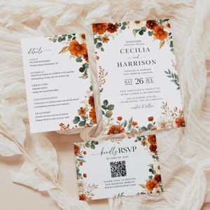 May include: A wedding invitation suite comprising three cards with floral borders. The main invitation announces Cecilia and Harrison's ceremony on July 26th. Details card includes venue and schedule. RSVP card includes a QR code.