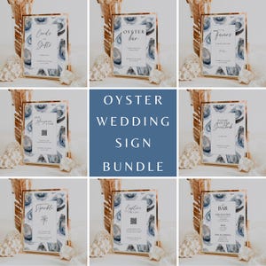 Può includere: Una collezione di cartelli per matrimoni con cornici dorate e sfondi ispirati alle conchiglie di ostrica. I cartelli includono testi come "Carte e Regali", "Oyster Bar" e "Bomboniere". Il cartello centrale recita "OYSTER WEDDING SIGN BUNDLE".