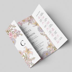 May include: A tri-fold wedding invitation with floral illustrations in pink, peach, and lavender. The invitation includes the names "Cilia and Harrison", the date "25 OCT", and a wedding day timeline.