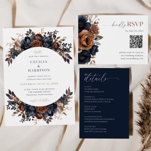 May include: Elegant wedding invitation suite featuring floral accents in navy, brown, and cream. The main invitation includes the names Cecilia & Harrison, date, and location. RSVP and details cards complete the set. The RSVP card includes a QR code.