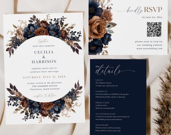 Könnte beinhalten: Elegantes Hochzeitskarten-Set mit floralen Akzenten in Marineblau, Braun und Creme. Die Haupteinladung enthält die Namen Cecilia & Harrison, Datum und Ort. RSVP- und Detailkarten sind enthalten. Die RSVP-Karte hat einen QR-Code.