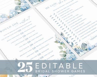 Blue Hydrangea Bridal Shower Game Bundle: Something Blue Before I do (Editable, Printable Canva Template) SB1
