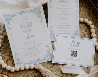 Puede incluir: Elegante juego de invitaciones de boda con un diseño floral azul claro. El juego incluye una invitación, una tarjeta de detalles y una tarjeta RSVP. La invitación presenta los nombres Cecilia & Harrison.