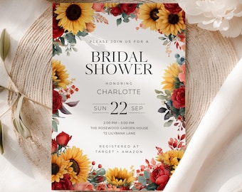 May include: Bridal shower invitation featuring a floral design with sunflowers and red roses. The invitation includes the text "Bridal Shower" and details for Charlotte's shower on September 22nd. Registered at Target + Amazon.