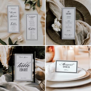 Old money wedding bundle featuring editable printable Canva templates for invitations, signs, programs, menus, table numbers, favor tags, welcome signs, seating charts, RSVP, details card, and thank-you card. Classic vintage-inspired layout with elegant typography in a timeless neutral palette.