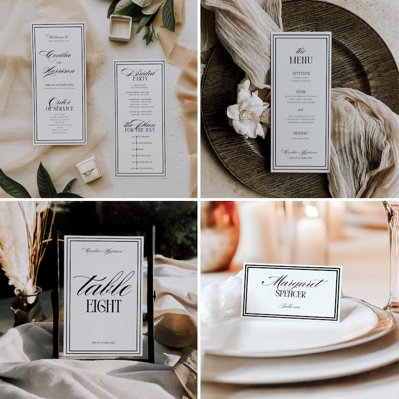 Old money wedding bundle featuring editable printable Canva templates for invitations, signs, programs, menus, table numbers, favor tags, welcome signs, seating charts, RSVP, details card, and thank-you card. Classic vintage-inspired layout with elegant typography in a timeless neutral palette.