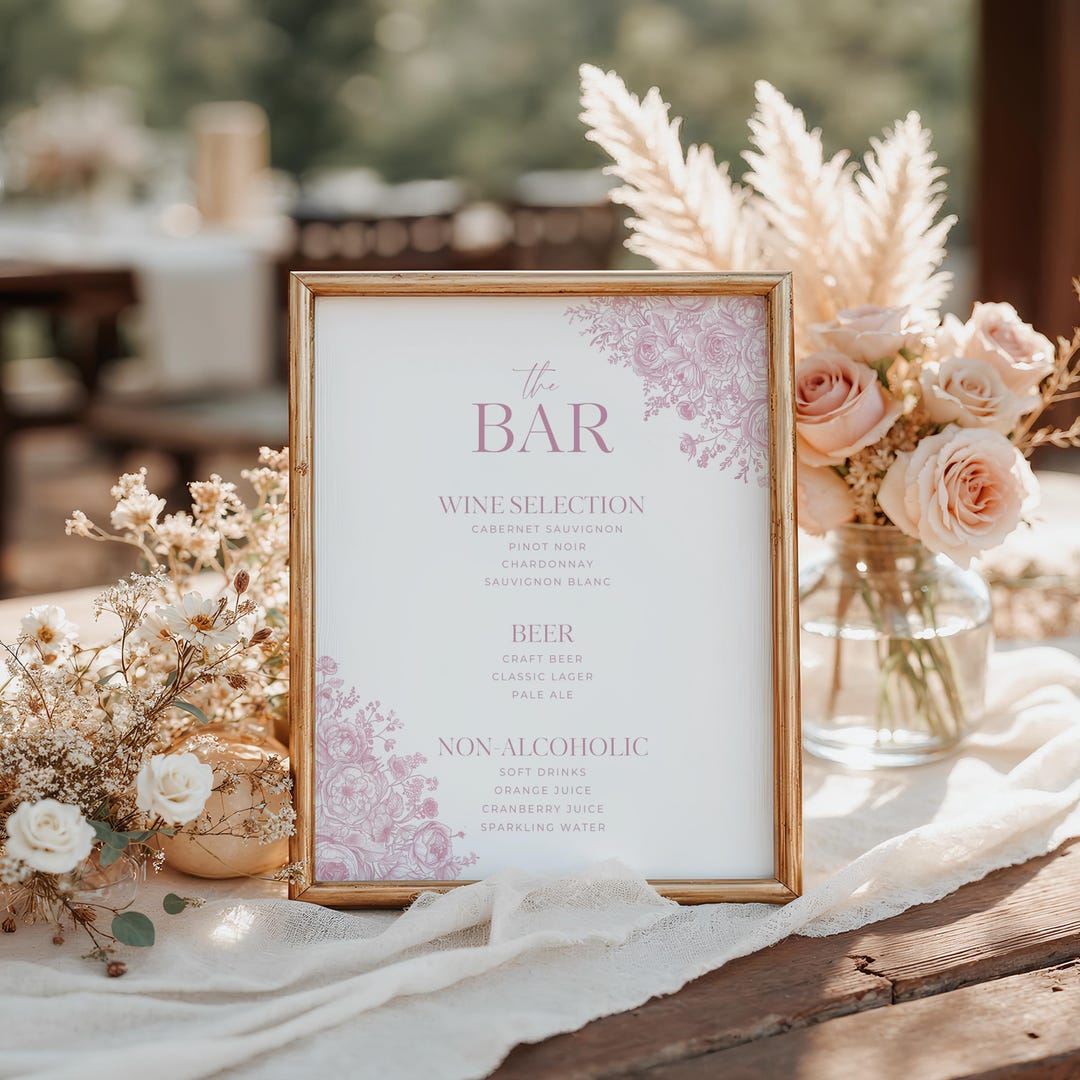 Menu Sign Pink Pink Toile Bar Menu Sign, Blush Wedding Bar Sign, Vintage Rose Drink ...