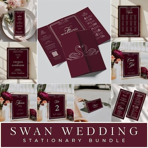 May include: A wedding stationery bundle in deep burgundy with white line art of swans and geometric borders. Includes a menu, tri-fold invitation, seating chart, welcome sign, cards and gifts sign, favor sign, table number, place card, and program.