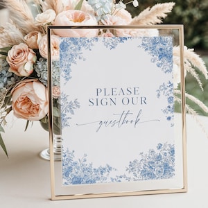 Dusty Blue Toile Wedding Guestbook Sign: Chinoiserie Reception Decor (5x7 & 8x10 Template) C1