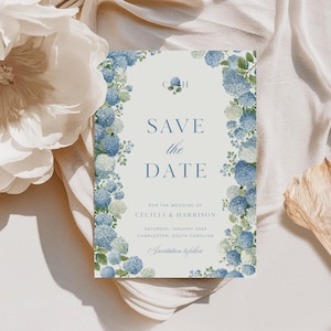 Blue Hydrangea Save the Date | Dusty Blue Floral Invite | Light Blue Wedding Announcement Card | Spring Wedding Invitation Template | C44