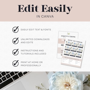 Peut inclure: Mod&egrave;le de design num&eacute;rique avec le texte "Edit Easily in Canva". Comprend du texte et des polices facilement modifiables, des t&eacute;l&eacute;chargements illimit&eacute;s, des instructions et des options d'impression. Un clavier, des instructions et une fleur sont &eacute;galement visibles.