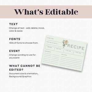 Peut inclure: Une carte de recette vert clair avec le mot "RECIPE" en gras. La carte comporte des sections pour le nom de la recette, les ingr&eacute;dients et les instructions. Le texte "What's Editable" est en haut, avec des d&eacute;tails sur le texte, les polices et les &eacute;v&eacute;nements.