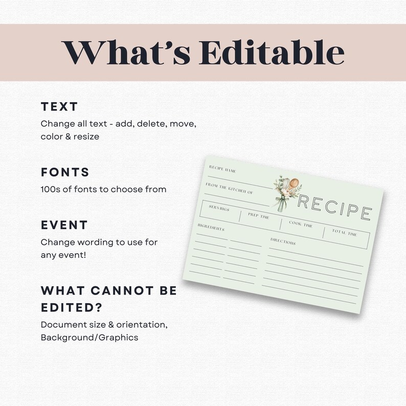 Peut inclure: Une carte de recette vert clair avec le mot "RECIPE" en gras. La carte comporte des sections pour le nom de la recette, les ingr&eacute;dients et les instructions. Le texte "What's Editable" est en haut, avec des d&eacute;tails sur le texte, les polices et les &eacute;v&eacute;nements.