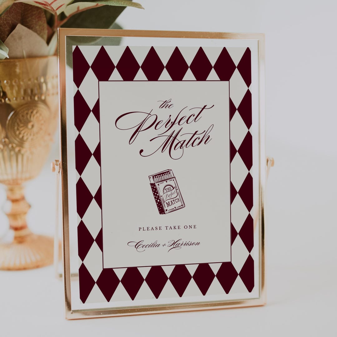 Matchbox Wedding Sign | the Perfect Match Favor Sign | Burgundy Old ...
